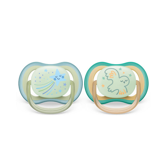 Philips Avent Ultra air Soother - 2 x Light, Breathable Glow-in-The-Dark Baby Soothers for Babies Aged 0-6 Months, BPA-Free with Steriliser Carry Case (Model SCF376/18)