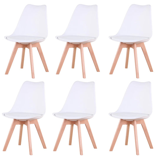 A Set of 6 Nordic Medieval Dining Chairs PU Padded Seat Beech Wood Legs Desk Chairs for Dining Room Bedroom Balcony Restaurant