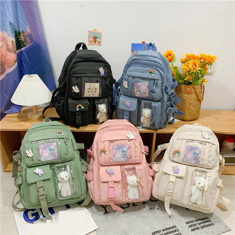 Preppy School Bag Student Backpack Nylon Cute Girl Backpack Badge Pendant Travel Bag