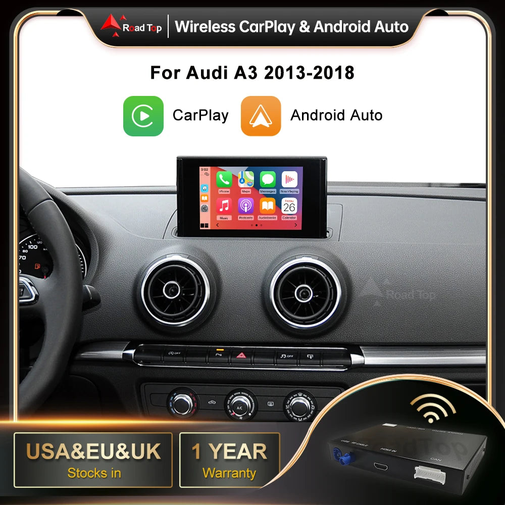 Road Top Wireless CarPlay Android Auto Interface for Audi A3 8V Q2 8P 2013-2018, with AirPlay Mirror Link Car Play Functions