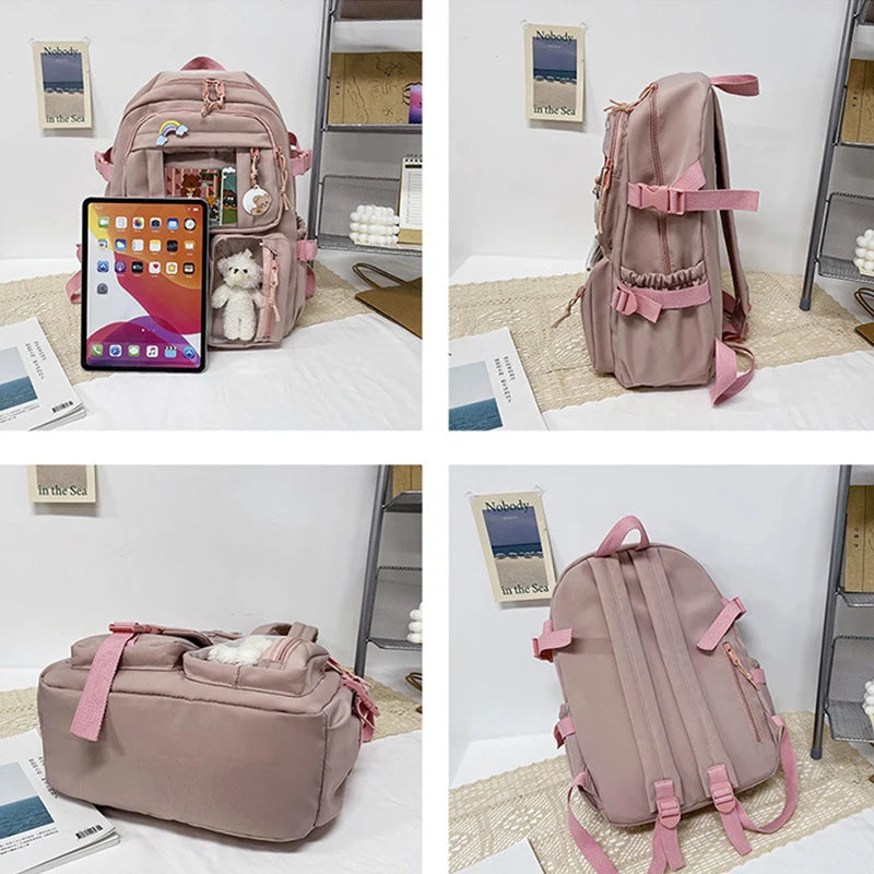 Preppy School Bag Student Backpack Nylon Cute Girl Backpack Badge Pendant Travel Bag