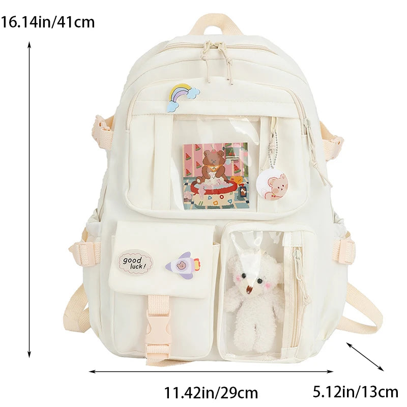 Preppy School Bag Student Backpack Nylon Cute Girl Backpack Badge Pendant Travel Bag