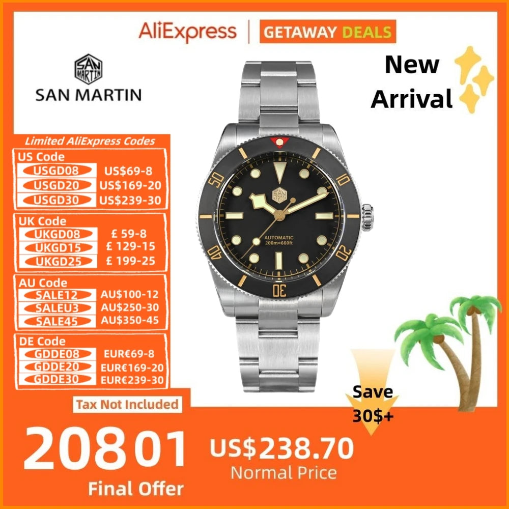 San Martin 37mm Matte Bezel NH35 BB54 Vintage Diving Watch For Men Automatic Quick Fly Adjust C3 BGW-X1 Lume 20ATM Reloj SN0138