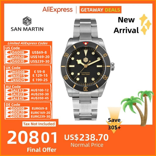 San Martin 37mm Matte Bezel NH35 BB54 Vintage Diving Watch For Men Automatic Quick Fly Adjust C3 BGW-X1 Lume 20ATM Reloj SN0138